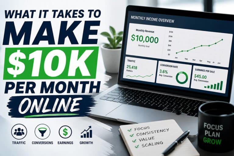Laptop showing a $10k per month online income dashboard with traffic, conversion, earnings, and growth metrics in a modern workspace