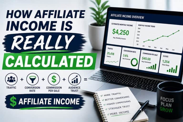 Affiliate income dashboard showing traffic, conversion rates, commissions, and monthly earnings growth on a modern laptop workspace