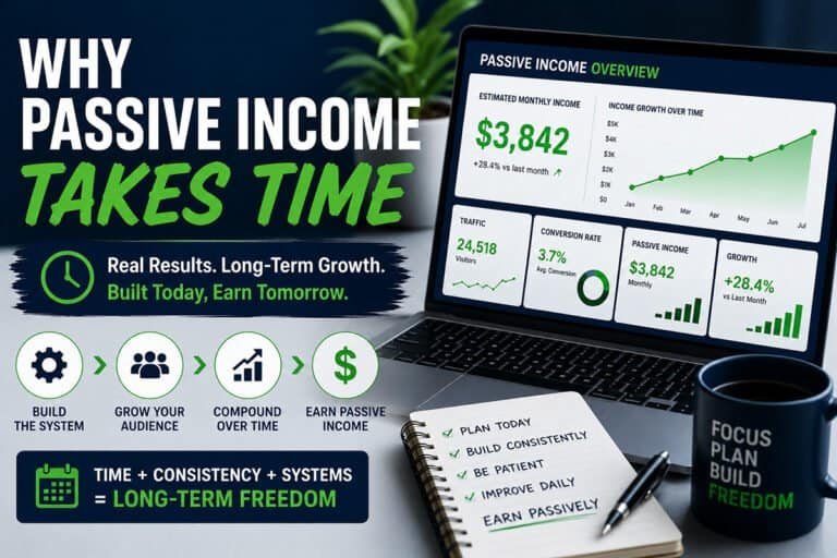 Passive income growth dashboard showing long-term online income projections, traffic growth, conversion metrics, and scalable digital income systems