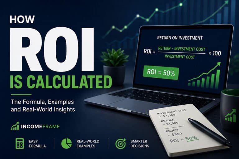 ROI calculation dashboard showing return on investment formula, profit growth charts, and financial performance metrics in a modern digital workspace